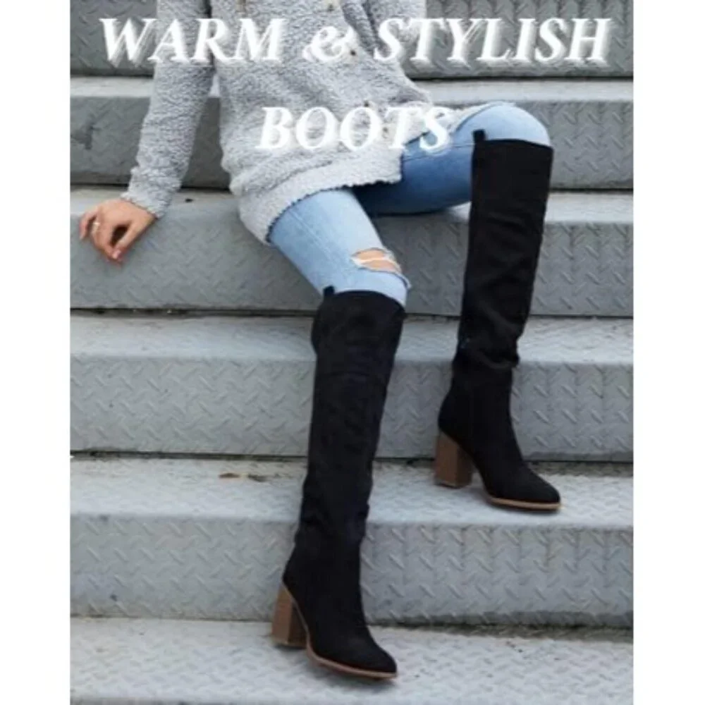 Womens Black Faux Suede Knee High Side Zipper Chunky Heel Winter Stretch Boots